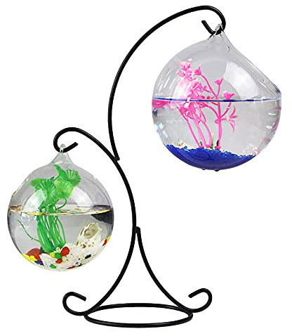 Hanging Fish Tank, Small Table Glass Fish Bowl, Mini Aquarium with Stand, Desk Hanging Fish Tank Bowl with Stand, Clear Plant Terrarium for Home Tabletop Office Garden Decor(A2)