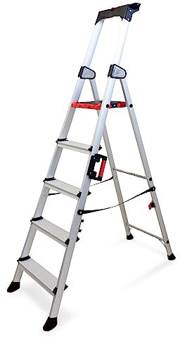 KELI - Échelle Pliable, Escabeau, Marchepied, Aluminium Robuste, Qualité Professionnelle, Poignée de Transport, Porte Outils ABS Dépliable… (5 MARCHES)