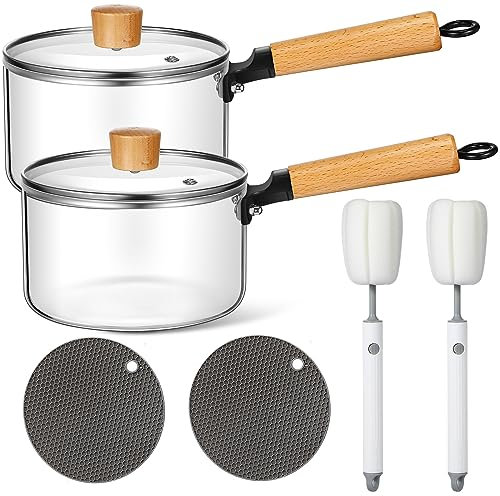 Uiifan 2 Sets Glass Pot for Cooking on Stove Kitchen Glass Cookware Clear Cooking Pot with Lid Handle and Pan Set 60oz Simmer Saucepan Resistant Safe for Pasta Noodle Soup Milk Baby Food (Classic)