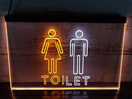 KEYQEEN Insegna al Neon a LED per Toilette, Toilette WC Unisex Decorazione della Parete del Bagno con oscuramento USB luci al Neon insegna Luminosa in Acrilico,White Orange,30x20cm
