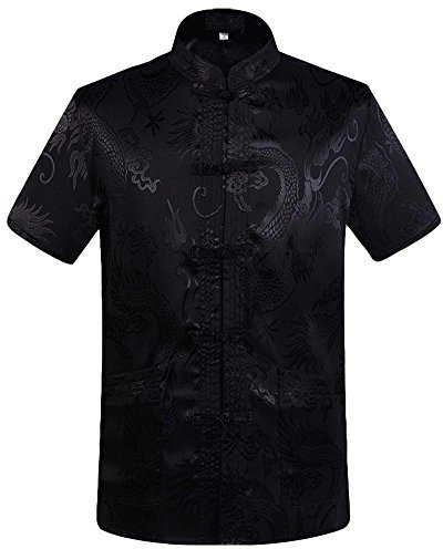 Rubruan Chemise de dragon chinois - Costume traditionnel Tangzhuang - Arts martiaux - Kung Fu Tai Chi Qigong - Manches courtes - Col montant - Veste uniforme pour homme, Noir , XL