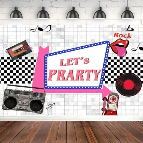 Photo Toile De Fond Let’s Party Rétro des Années 50 Radio Fond pour Adulte Famille Fête Décoration Photo Bannière Stand Affiche 210cmx150cm