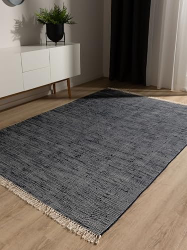 benuta Pop Baumwollteppich Tom - Dunkelblau 70x120 cm - Handgewebter Wohnzimmer Teppich - 100% Recycelte Baumwolle - Für Fußbodenheizung geeignet