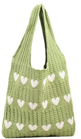 CUNGGI Gestrickte Umhängetasche, Gehäkelte Tragetasche mit süßem Herzmuster, Hobo-Tasche, gestrickt zum Einkaufen Schultertasche Tote Bag hohle Shopper Strandtasche für Damen (Grün)