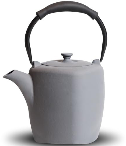 Gusseisen Teekanne, 950 ml Teekessel, herdgeeignet mit Teesieb für Tee und Kaffee, japanische Teekanne mit unregelmäßiger Form, emaillierte Innenseite, Silikongriff, hellgrau