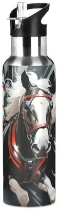 Niigeu Cheval Classique De Style Européen Bouteille d'eau Isotherme avec Paille en Acier Inoxydable Gourde, Sans BPA Gourdes Eau pour Enfant Sport Randonnée École Bureau (600ml/1L)