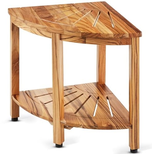 VEVOR Banc de Douche d'angle, Hauteur 47 cm, Rayon 39,2 cm, Tabouret en Teck, Capacité de Charge 227 kg, avec Étagère de Rangement, pour Douche Intérieure et Extérieure, Coin, Salle de Bain, Salon