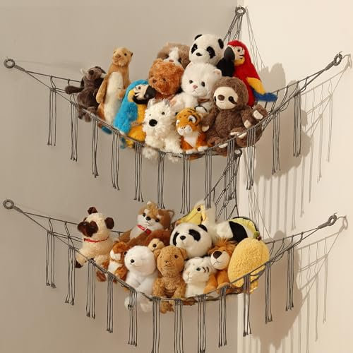 iKeelo 2er-Pack Kuscheltier Aufbewahrung Netz, Boho Makramee Stofftier Hängematte, Kinderzimmer Hängend Spielzeug Organizer für Plüschtiere und Teddybären, Grau