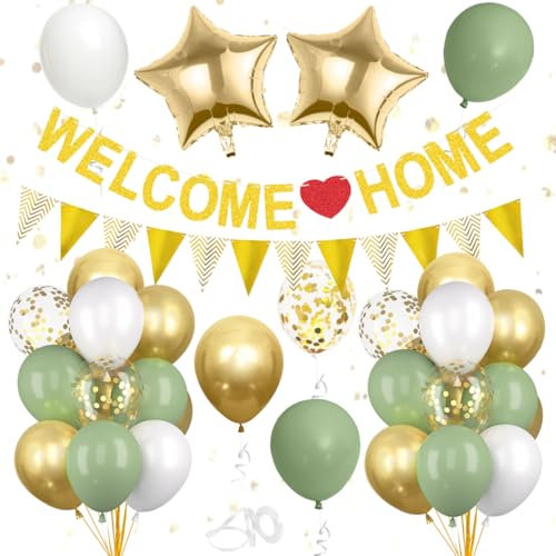 Willkommen Zuhause Deko, Willkommen Zuhause Girlande, Luftballons Grün Gold Konfetti, Welcome Home Banner Wimpelkette, für Babyshower Familienfeiern Einweihung Party Dekoration