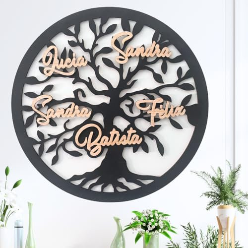 Arbre de vie personnalisé pour décoration de maison - Cadeau original avec noms en bois famille - Ornements muraux pour salon - Arbre généalogique anniversaire, mariage, grands-parents