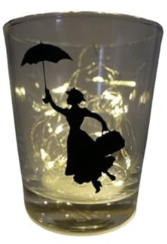Lichtidee Teelicht Glas Windlicht Tischlicht Print schwarz mit Mary Poppins Herbst Handmade Unikat Maritim Geburtstag Ostern Muttertaggeschenk, Höhe 9cm,