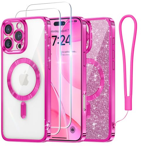Meifigno Candy Series Case Designed for iPhone 16 Pro Max, [Compatible with MagSafe] [2X Screen Protectors] [Glitter Card & Wrist Strap] Full Camera Protection Designed for iPhone 16 Pro Max, Hot Pink