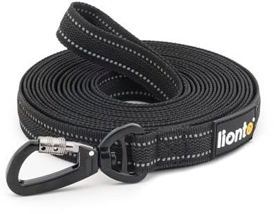 lionto Schleppleine für Hunde, 15 m, gummierte Leine mit Handschlaufe und 360° Metallkarabiner mit Sicherheitsverschluss, reflektierende Hundeleine aus robustem, wetterfestem Nylon, schwarz