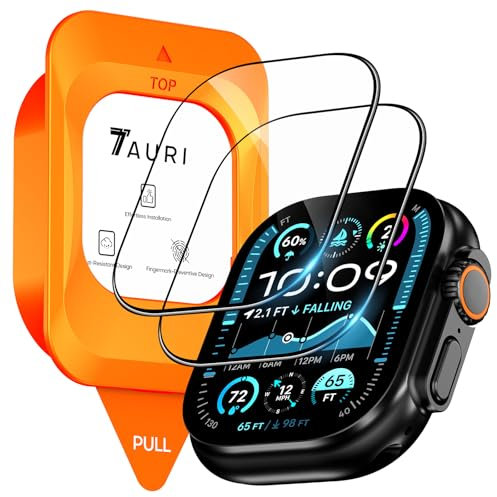 TAURI 2 Pezzi Pellicola Protettiva per Apple Watch Ultra/Ultra 2 49mm- Vetro Temperato 9H, Rimozione Automatica Della Polvere, enza Bolle,Pellicola in Vetro HD per iWatch Ultra 49mm(2024)
