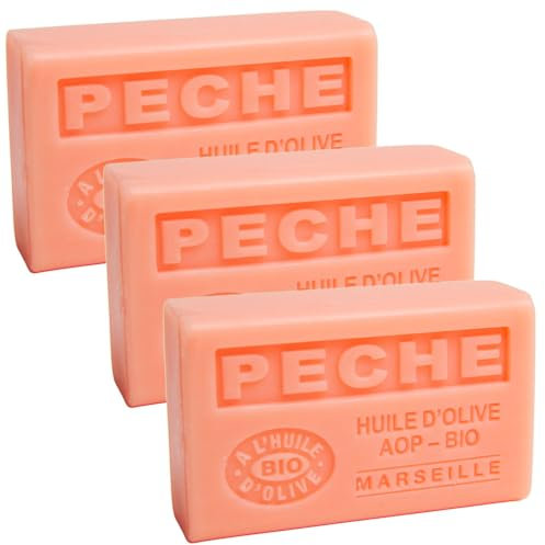 Label Provence Nature Savon de Marseille – pflegende französische Seife aus reinem Bio-Olivenöl und Sheabutter – Pfirsichduft – 125 g Riegel – 3er-Set