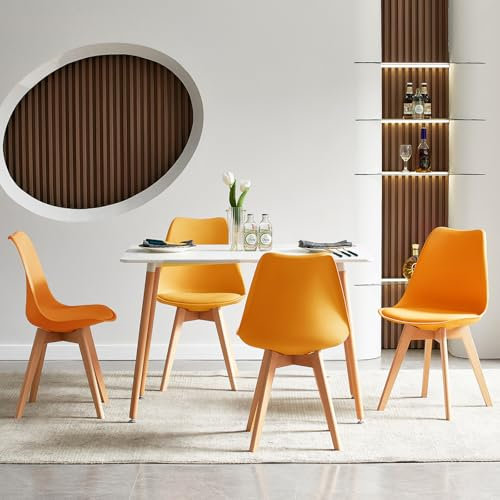 FURNITABLE Esszimmergruppe Esstisch mit 4 Stühlen Essgruppen, Rechteckig 110cm Küchentisch-Set und 4er Set Esszimmerstühle für Wohnzimmer Küche Büro (Weiß Tisch+4 Orange Stühle)