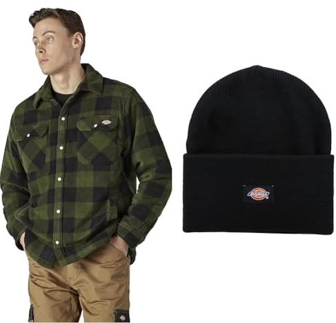 Dickies Portlandhemd und Acryl-Mütze mit Manschetten in Grün / Schwarz für Unisex-Erwachsene, Arbeitskleidung, Mütze, Beanie, Einfarbig, Winter