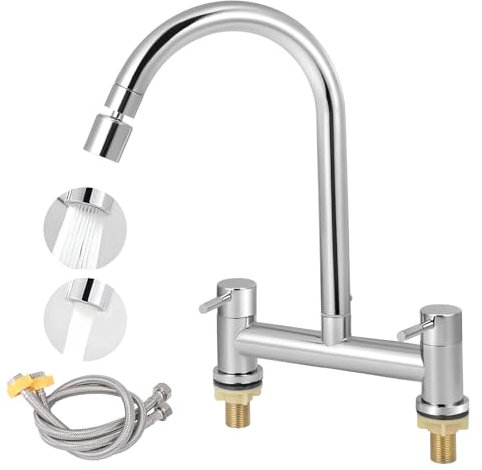 Kitchen Bridge Mixer Taps with 360° Swivel Spout, 2 Hole Sink Mixer Taps Dual Levers Faucet, 180 mm Centers Deck Mounted Chrome Sink Tap 2 Function Sprayer, 1/4 Turn Cold and Hot Mixer Tap (Silver)