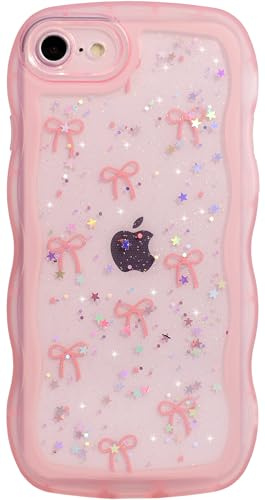 Qokey for iPhone SE(2020/2022) & 8/7 Case - Glitter Star & Curved Edge Handle Grip Design, Military-Grade Shockproof Clear TPU Cover, Sparkle Protection + Scratch-Resistant, Holographic Pink Bow