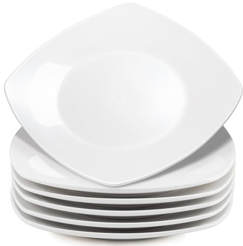 Blcculi 10.5'' Porcelain Dinner Plates,Set of 6 Square Dinner Plates,Porcelain Dessert Plate,White Square Serving Plate for Salad, Pasta, Steak,Snacks