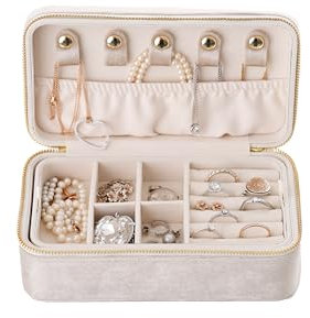 Lucoro - Schmuckbox zur Aufbewahrung, 18,5x10x5 cm – Elegante Schmuckschatulle für Ringe, Samt, Ohrringe, Halsketten und Armbänder (Beige)