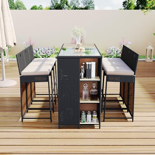 Merax Gartenbar Set, 7-teiliges Garten Lounge Set mit 6 Barhockern & Stehtisch, aus Wetterfestes Polyrattan, mit Ablagefläche, Für Garten & Terrasse, Schwarz, Dunkelbraun und Weiß