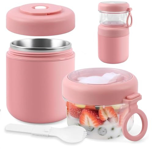 Veftsvy Porta Yogurt Termico 530ml+330ml, Acciaio Inossidabile Tazza Yogurt to Go, Riutilizzabile Porta Vogurt e Cereali con Cucchiaio, per Ufficio, Scuola, Campeggio (Rosa)