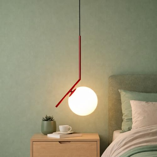 BARCELONA LED Pendelleuchte Kugel aus Glas Rot E27, Metall Aluminium Leuchtenkörper mit opalem Glasschirm, nordischer moderner industrieller und klassischer für Wohnzimmer Esszimmer Schlafzimmer