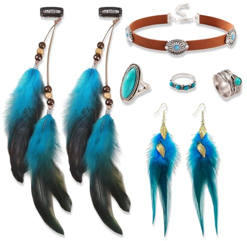Indianer Kostüm Damen, Feder Haarschmuck Clip, Indian Hippie Boho Feder Stirnband, mit Bohemian Ohrringe Ring und Halskette, Boho Stammes-Schmuck für Frauen Karneval Cosplay Tribal Kostüm Party
