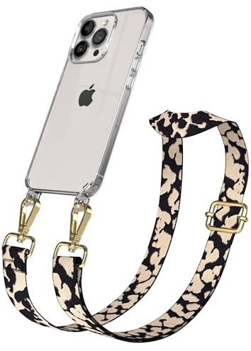 EAZY CASE Handykette - Verstellbares Taschenband kompatibel mit iPhone 13 Pro, Schulterriemen, Handykordel mit Silikon Hülle, Umhängetasche, Taupe Camouflage Gold