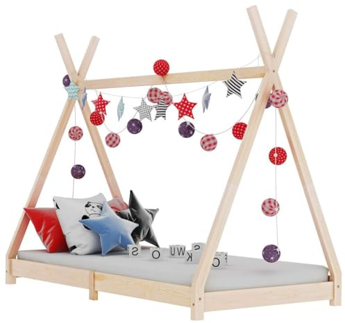 IBUQDDV Massivholz Bettgestell Kiefer 90x200 cm mit Crossover-Design für Tipi-Zelt Stil und Bettvorhänge, robuste Latten, einfach montierbar, langlebiges Kinderbett