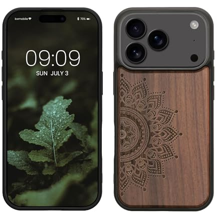 kwmobile Hülle kompatibel mit iPhone 17 Pro Hülle - Holz Case - Handy Cover - TPU Handyhülle in Dunkelbraun Aufgehende Sonne