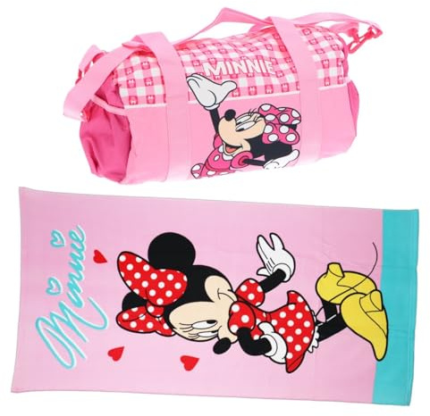 Aymax Disney Minnie Maus 2-teiliges Kinder Set: Sporttasche/Reisetasche (38x18x22 cm) + Badetuch 70x140 cm – rosa/pink, ideal für Schwimmbad, Sport & Urlaub