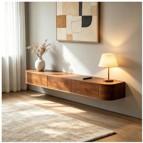 160cm Floating Oak TV Cabinet, Solid Wood Media Console With Drawers, Wall-Mounted Entertainment Center, Living Room TV Stand, Brown TV Shelf With Storage, Modern Under TV Unit,Corner-Openable Storage