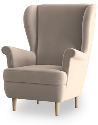 Masseno Ohrensessel LENTIO, Lounge Sessel im Glamour Stil mit Armlehnen, Komfort Polsterstuhl für Esszimmer, Wohnzimmer, Bein aus Holz, Paros 02