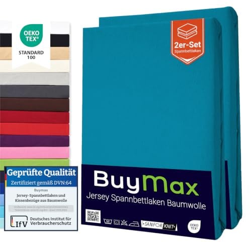 Buymax Spannbettlaken 80x200 cm Doppelpack – 2er Set aus 100% Baumwolle Jersey, 140 g/m², Rundumgummi, für Matratzen bis 25 cm, Oeko-TEX, Petrol