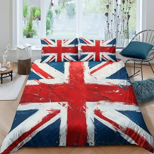 NAOFEKUID Housse de Couette Microfibre Impression 3D Drapeau Anglais Parure de Lit Union Jack Adulte Décoration de Chambre Doux Respirant King（220x240cm）