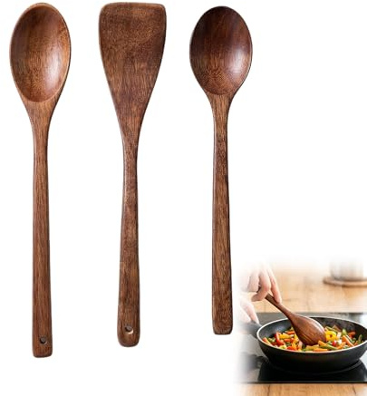 Thhiit 3 Pcs Wooden Spatula Utensil Set, Kitchen Wooden Cooking Spoon for Serving, Baking, Stirring