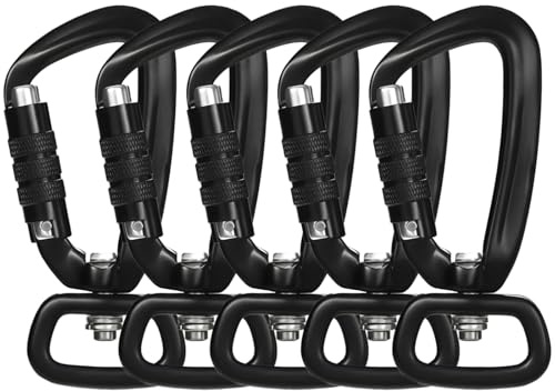 5 Pcs Black Aluminum 360° Rotating Carabiner Hooks, Automatic Nut Fastening Design, Lightweight Backpack Clips, Keychain Holders, Long Lasting Climbing Buckles for Bags, Kites, Keys