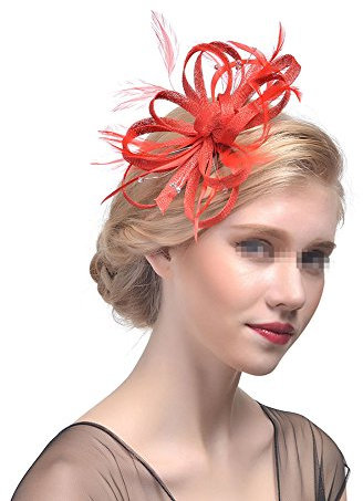 Damen Feder Haarschmuck,MoreChioce Frauen Fascinators Hut Haar Accessoire Blume Mesh Hair Clip Haarspangen Stirnbänder,Rot Diamant,EINWEG