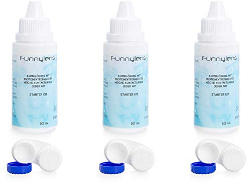 Funnylens Kombilösung für weiche Kontaktlinsen 3 x 60ml Kontaktlinsenflüssigkeit - All In One Reisegröße Pflegemittel + 3 Kontaktlinsenbehälter (180ml)