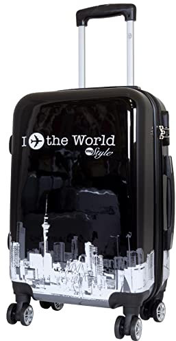 Trendyshop365 Hartschale Handgepäck Rollkoffer mit Flugzeug Städte Motiv - Fly The World schwarz - 58 cm 46 Liter 4 Rollen