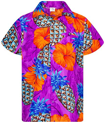 King Kameha Funky Hawaii-Hemd, Herren, Kurzarm, Pineapple-Hibiscus, Shadow-Violett, XXL