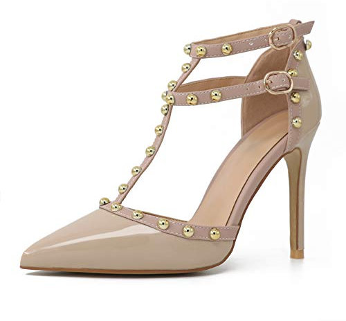 Comfity Knöchelriemchen für Damen, goldfarben, runde Nieten, Knöchel-T-Riemen-Pumps Riemchenkleid, Hochzeitssandalen, aprikose, 40.5 EU