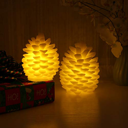 Uonlytech LED Flammenlose Kerzen Batteriebetriebene LED Tannenzapfen Flammenlose Kerzen Echtwachs Kerze Licht Dekoration Licht für Partys Hochzeiten Halloween Weihnachten - 2 STK