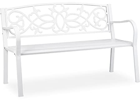 Relaxdays Gartenbank, nostalgisch, 2 Sitzer, wetterfest, Gusseisen & Stahl, Premium Sitzbank, HBT: 78x124,5x58 cm, weiß