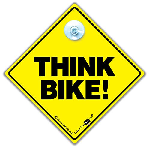 Think BIKE Sign For Car Windows, Motorbike Rider Advisory Car Sign to Help Raise Awareness Of Motorcyclists On Our Roads, Super Bright Yellow and Black 14cm x 14cm