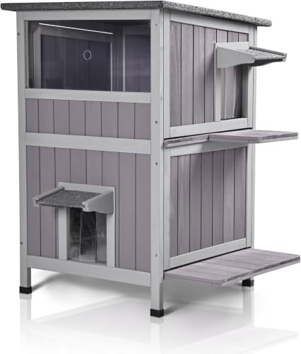 Cat House Wooden Kitty Condo with Escape Door for Indoor and Outdoor, 2-Story 4 Casters Included
