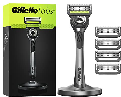 Gillette Labs Maquinilla de Afeitar Hombre con Barra Exfoliante, Negro, 5 Cuchillas de Afeitar de Recambio, Base magnetica de metal, Kit Maquinilla con 5 Cuchillas y Base