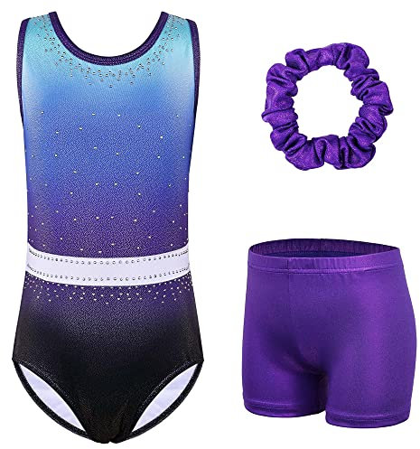 XFGIRLS Gymnastik-Shorts für Mädchen, glitzernd, Balletttanz, Tumbling, athletische Shorts, Trikot für Mädchen, 3–12 Jahre, blau_violett, 9-10 Jahre